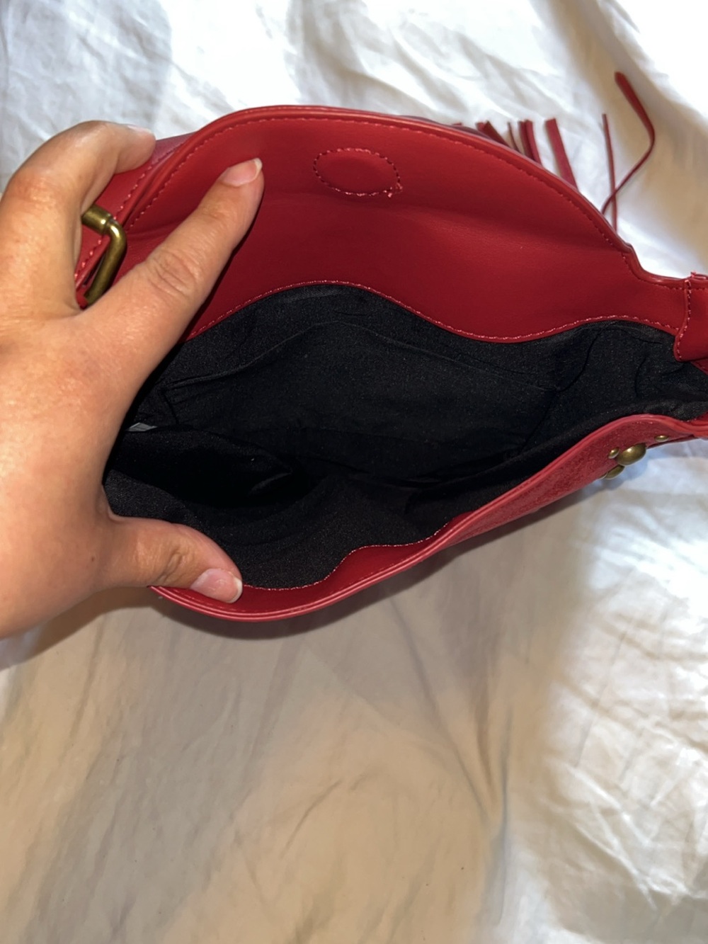 Three Bird Nest Red Fringe Crossbody Hobo Bag with Stud Accents - Picture 3 of 3